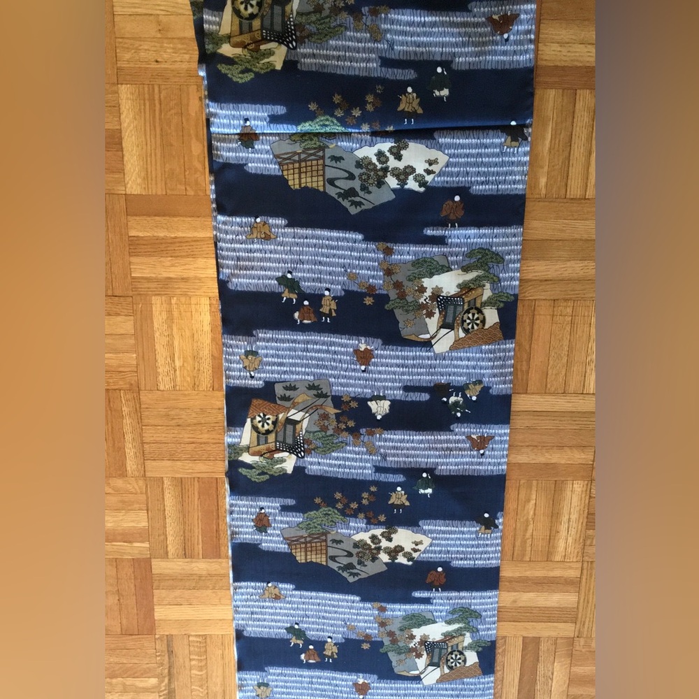 Vintage 1970’s Japanese Folk Scenic Printed Cotton Fabric 6.5 Yards